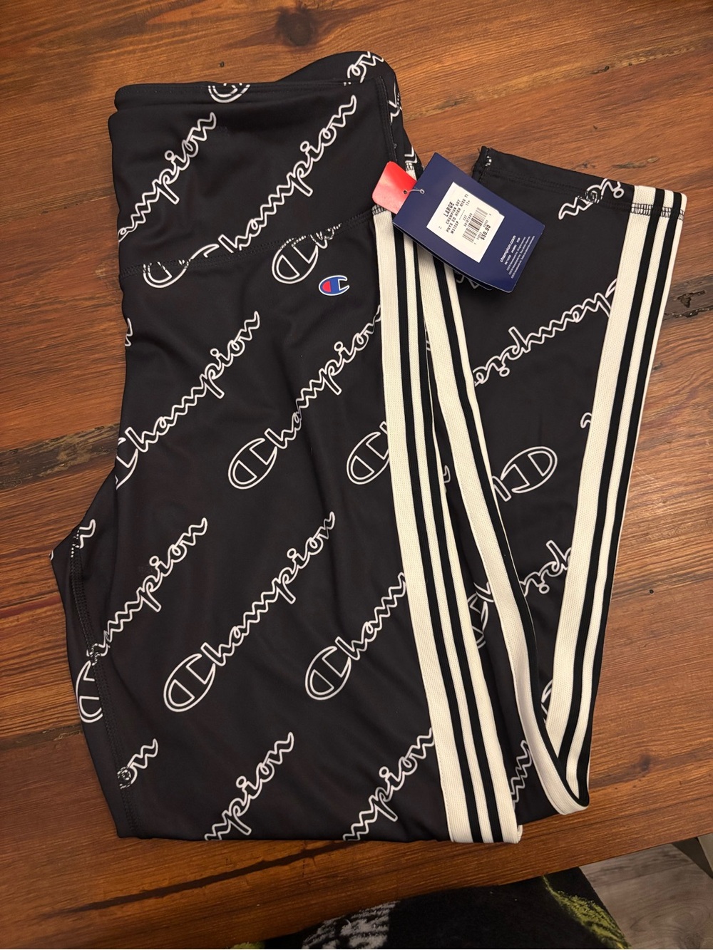 Champion Black Logo-Print Womens Leggings with White Side Stripes